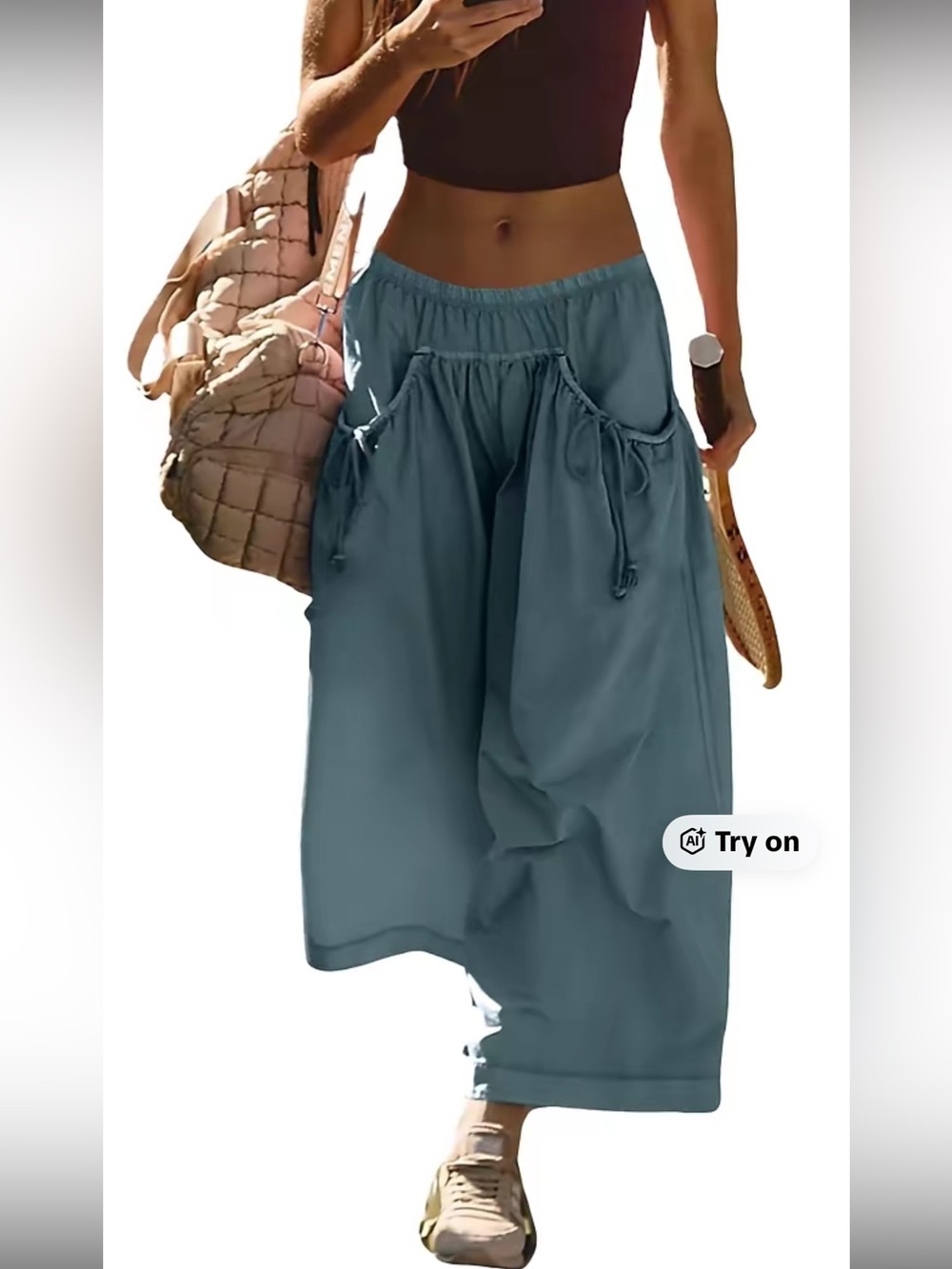 Wide-Leg Drawstring Jogger Pants in Slate Blue